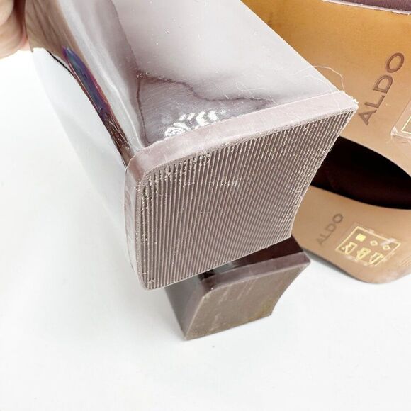 Aldo Burgundy Stretch Sock Ankle Boots With Patent Block Heels & Side Zipper 6.5 - Picture 12 of 16